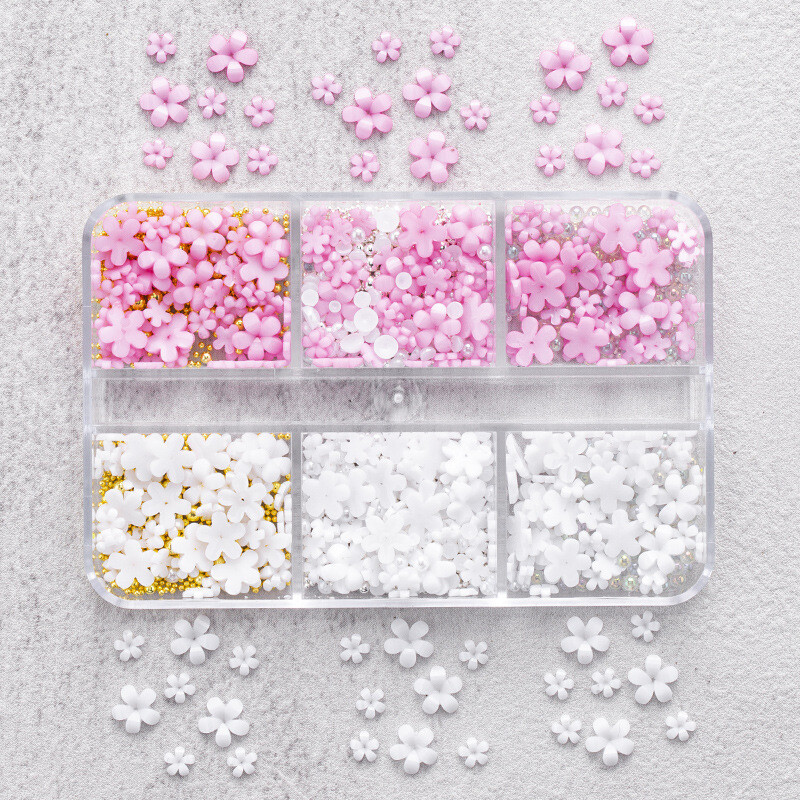 Piiriülene populaarne kolmemõõtmeline kolmemõõtmeline viie kroonlehega kolmemõõtmeline lill, küüneehted, 6 karpi, Jaapani stiilis vaigupakend, küünelillekomplekt