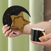 1 rinkinys 120 ml kavos puodelis Shimmering Star Moon keramikinis arbatos puodelis ir lėkštės šaukštų rinkinys Išskirtinio dekoro visiems gėrimams Gėrimų indai Dovana