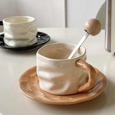 Design rafinat plisat Set ceașcă de cafea și farfurii din ceramică Cană din ceramică de 230 ml Cana ceai de după-amiază Cuplu ceașcă de apă Mic dejun lapte