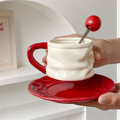 Design rafinat plisat Set ceașcă de cafea și farfurii din ceramică Cană din ceramică de 230 ml Cana ceai de după-amiază Cuplu ceașcă de apă Mic dejun lapte