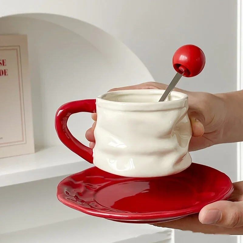 Design rafinat plisat Set ceașcă de cafea și farfurii din ceramică Cană din ceramică de 230 ml Cana ceai de după-amiază Cuplu ceașcă de apă Mic dejun lapte