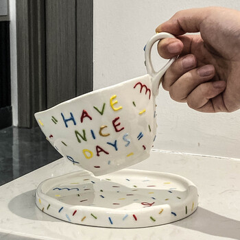 300ml Creative Ceramic Coffee Cup Dish σετ Happy Birthday Κούπα Have Nice Days Drinking Water Cup Couple Breakfast Milk Cup