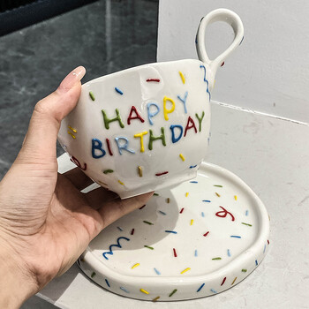 300ml Creative Ceramic Coffee Cup Dish σετ Happy Birthday Κούπα Have Nice Days Drinking Water Cup Couple Breakfast Milk Cup