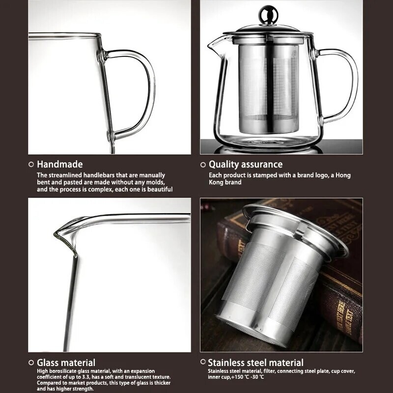 1 vnt skaidraus stiklo arbatinukas, įskaitant nerūdijančio plieno filtro įdėklą, atsparus aukštai temperatūrai, tinkamas arbatai ruošti