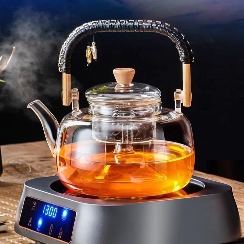 GIANXI 900 ml stiklinis arbatinukas kiniškas aukštai temperatūrai atsparus medinės rankenos sijos arbatinukas sugeriantis sutirštintas arbatos rankšluostis