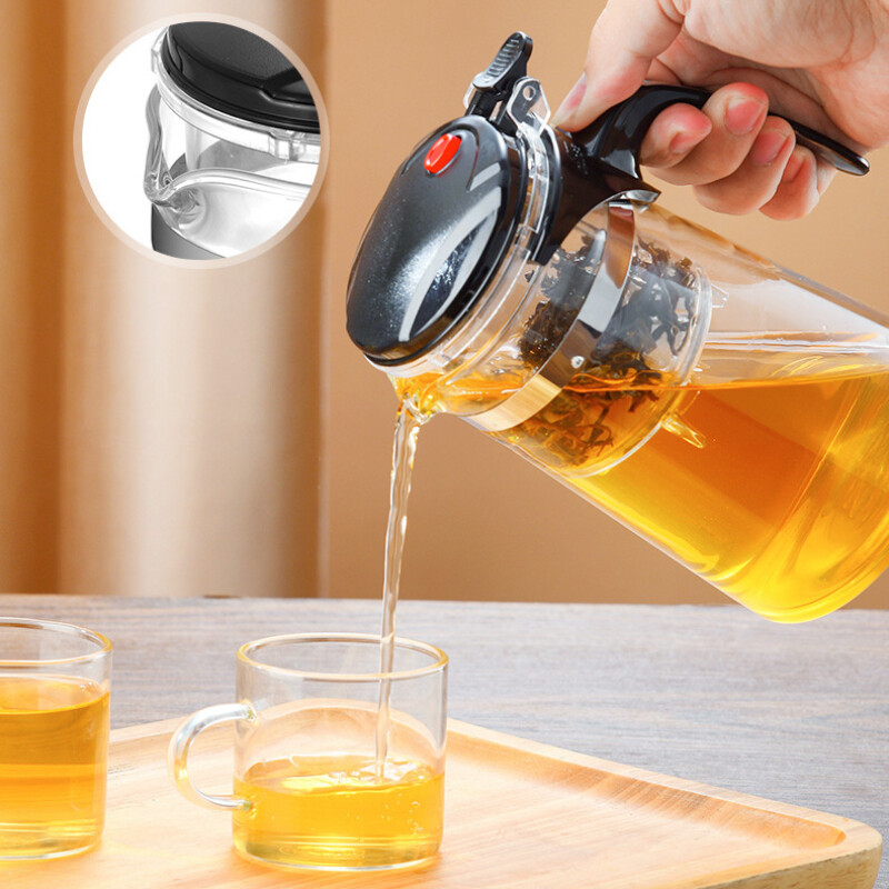 Avaleht Ühe nupuvajutusega teekann Köök Kuumakindel klaasist teeveekann Filtreeriv teeeraldusklaasist veekeetja 500/750/900ml