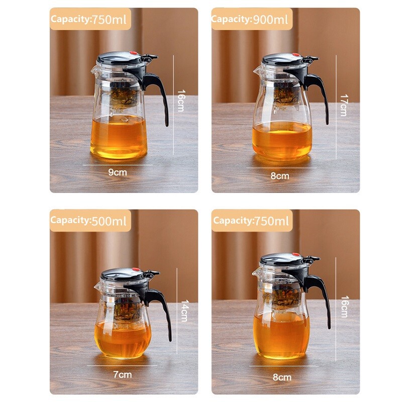 Avaleht Ühe nupuvajutusega teekann Köök Kuumakindel klaasist teeveekann Filtreeriv teeeraldusklaasist veekeetja 500/750/900ml