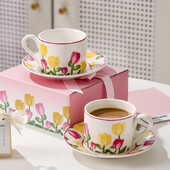 Rožinės tulpės keramikinis kavos puodelių rinkinys Aukštos grožio arbatos puodelis ir lėkštė Popietės arbatos puodelis Arbatos indas Korėjietiško stiliaus Romantiška išskirtinė dovana