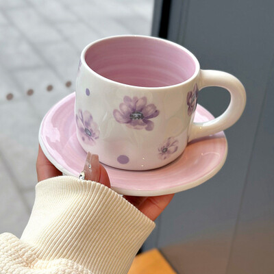 250 ml Prancūziškas rankomis dažytas apatinis glazūra, violetinė violetinė kavos puodelis ir lėkštė moterims pusryčių popietės arbatos puodelio indas rankų dovana