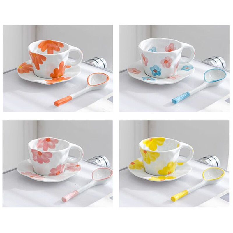 300 ml gėlių keramikinis puodelis su lėkšte ir šaukštu Pusryčių Pieno arbatos Kavos puodeliai su duona Desertinis patiekalas Mikrobangų krosnelėje saugi dovana