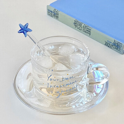 Vasaros naujas 200 ml stiklinis puodelių ir lėkščių rinkinys Korėjietiško stiliaus kavos ir pieno puodelių indas su maišytuvu Prancūziškos popietės arbatos puodelių rinkiniai