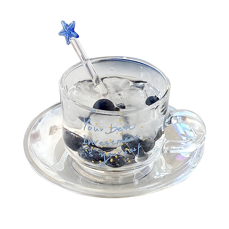 Vasaros naujas 200 ml stiklinis puodelių ir lėkščių rinkinys Korėjietiško stiliaus kavos ir pieno puodelių indas su maišytuvu Prancūziškos popietės arbatos puodelių rinkiniai