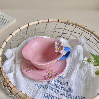 1 vnt. kavos puodelio ir lėkščių rinkinys CreativeKeraminis rankomis dažytas reljefinis žiedlapis popietės arbatos puodeliai Gimtadienio dovana draugams