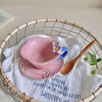 1 vnt. kavos puodelio ir lėkščių rinkinys CreativeKeraminis rankomis dažytas reljefinis žiedlapis popietės arbatos puodeliai Gimtadienio dovana draugams