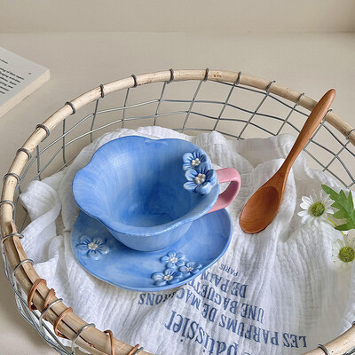 1 vnt. kavos puodelio ir lėkščių rinkinys CreativeKeraminis rankomis dažytas reljefinis žiedlapis popietės arbatos puodeliai Gimtadienio dovana draugams