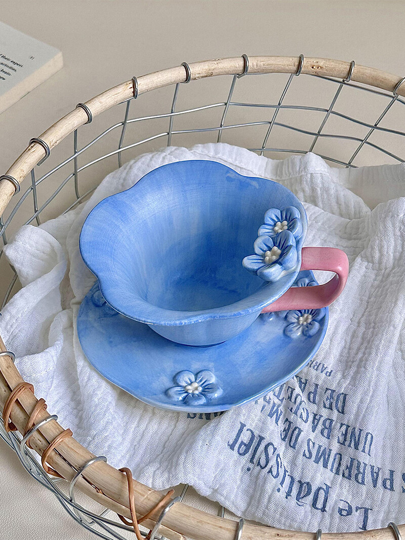 1 vnt. kavos puodelio ir lėkščių rinkinys CreativeKeraminis rankomis dažytas reljefinis žiedlapis popietės arbatos puodeliai Gimtadienio dovana draugams