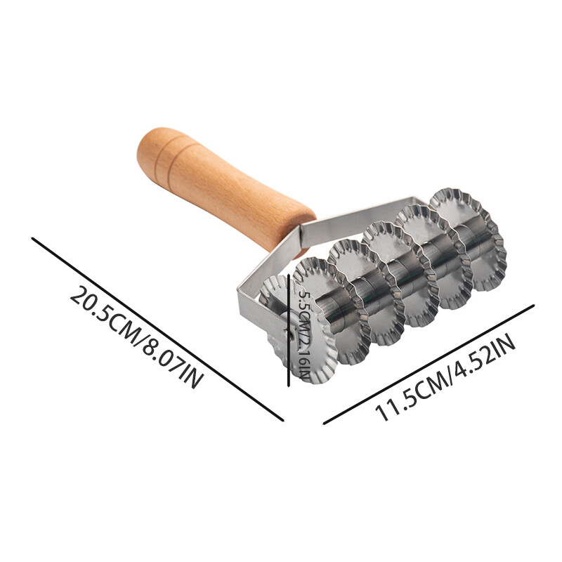 Medinės rankenos nerūdijančio plieno tinklelio peilis, picos pyrago nėrinių sąsajos peilis, šešių ratų picos ritininio peilio kepimo įrankis