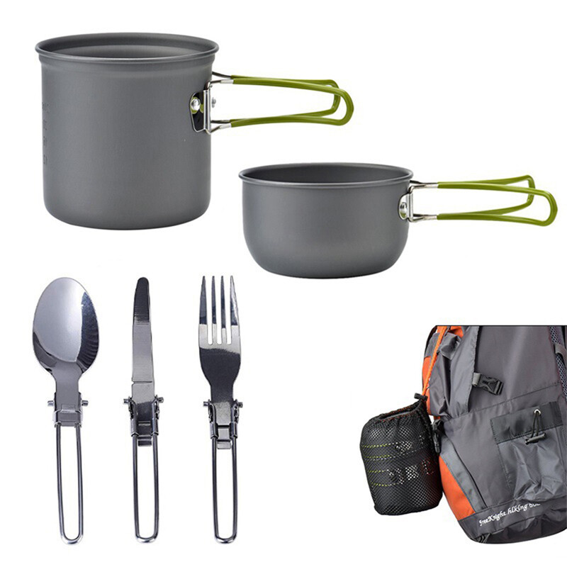 Set portabil de vase de gătit pentru camping, oală în aer liber, seturi de mini aragaz cu gaz, set de gătit pentru picnic în natură, cu lingură pliabilă, cuțit furculiță
