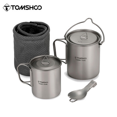 Tomshoo Set de vase de gătit din titan, 3 bucăți, oală ultra-ușoară de 750 ml, ceașcă cu apă, 450 ml, cu capac, pliabil, pentru camping în aer liber