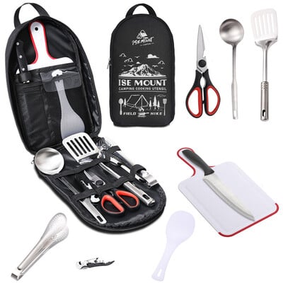 Set de ustensile portabile de călătorie 9 buc din oțel inoxidabil Set de vase de bucătărie de camping Ustensile de bucătărie pentru rucsac pentru grătar Picnic de camping