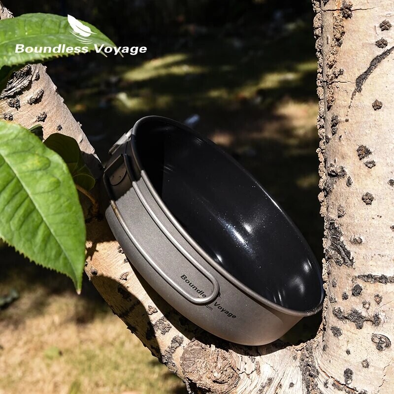 „Boundless Voyage“ titano neprideganti keptuvė su keramine danga ir sulankstoma rankena lauko stovyklavimo iškylų lėkštės indas