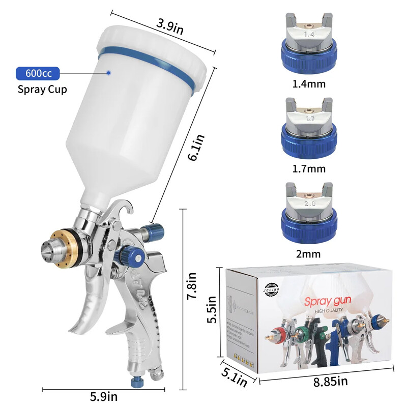 Tpaitlss Professional HVLP purškimo pistoletas 1,4 mm 1,7 mm 2,0 mm purkštukas Gravity Airbrush „pasidaryk pats“ purškimo rinkinys, skirtas automobilių dažymui