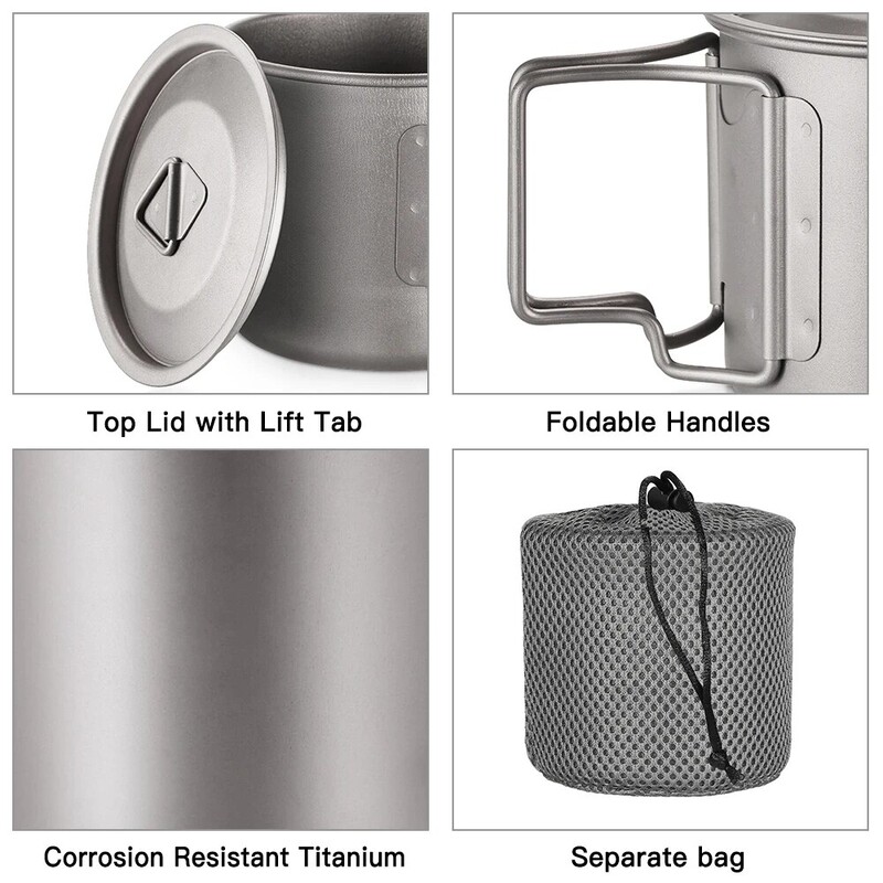 Ultralight Titanium Cup Outdoor Portable Camping Picnic Water Cup Kruus kokkupandava käepidemega 300 ml / 350 ml / 450 ml / 550 ml / 650 ml