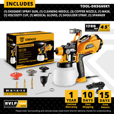 DEKO 1200 ml HVLP purškimo pistoletas su LED lempute, didelio galingumo elektriniu dažų purkštuvu, 3 antgaliais ir didelės talpos lengvas purškimas