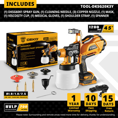 DEKO 1200 ml HVLP purškimo pistoletas su LED lempute, didelio galingumo elektriniu dažų purkštuvu, 3 antgaliais ir didelės talpos lengvas purškimas