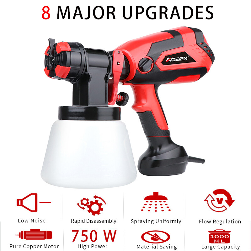 AOBEN 750W elektrinis rankinis purškimo pistoletas HVLP 1000ml automobilių dažų purkštuvai namų dekoravimui aerografo srauto valdymas 4 purkštukais, lengvai naudojamas