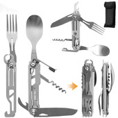 Stovyklavietės reikmenys, 6 viename nuimami sulankstomi stalo įrankiai su šakute ir šaukštu, skirti lauke, stovyklavimui, žygiams, lengva nešiotis