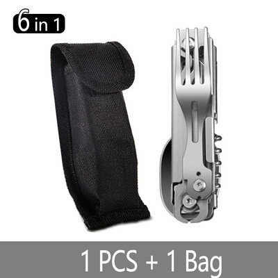 Stovyklavietės reikmenys, 6 viename nuimami sulankstomi stalo įrankiai su šakute ir šaukštu, skirti lauke, stovyklavimui, žygiams, lengva nešiotis