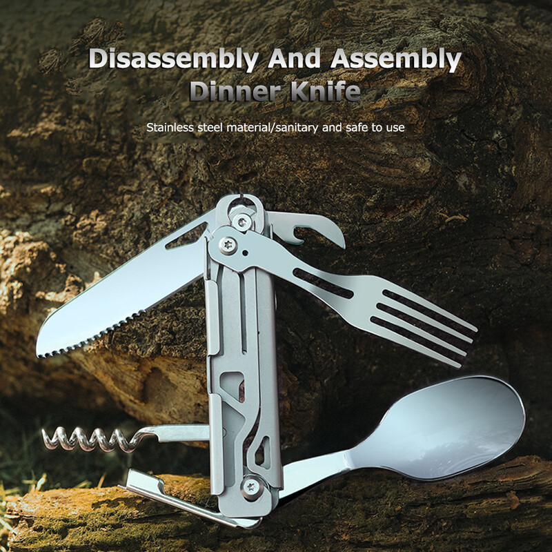 Stovyklavietės reikmenys, 6 viename nuimami sulankstomi stalo įrankiai su šakute ir šaukštu, skirti lauke, stovyklavimui, žygiams, lengva nešiotis