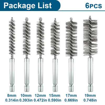 6 vnt. nerūdijančio plieno valymo šepečių rinkinys 1/4 colio šešiabriaunis susuktas vielinis šepetys, skirtas elektrinio gręžimo smūginiam suktuvui (8/10/12/15/17/19 mm)