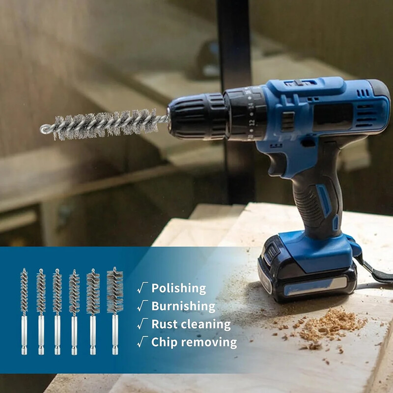 6 vnt. nerūdijančio plieno valymo šepečių rinkinys 1/4 colio šešiabriaunis susuktas vielinis šepetys, skirtas elektrinio gręžimo smūginiam suktuvui (8/10/12/15/17/19 mm)