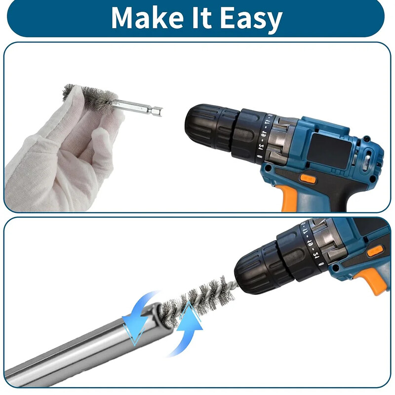 6 vnt. nerūdijančio plieno valymo šepečių rinkinys 1/4 colio šešiabriaunis susuktas vielinis šepetys, skirtas elektrinio gręžimo smūginiam suktuvui (8/10/12/15/17/19 mm)