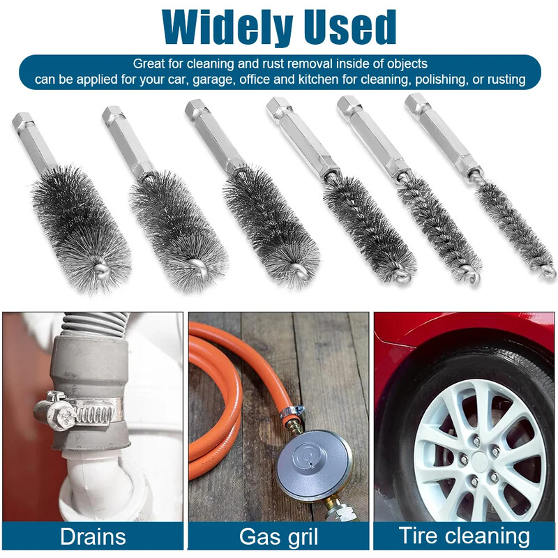 6 vnt. nerūdijančio plieno valymo šepečių rinkinys 1/4 colio šešiabriaunis susuktas vielinis šepetys, skirtas elektrinio gręžimo smūginiam suktuvui (8/10/12/15/17/19 mm)