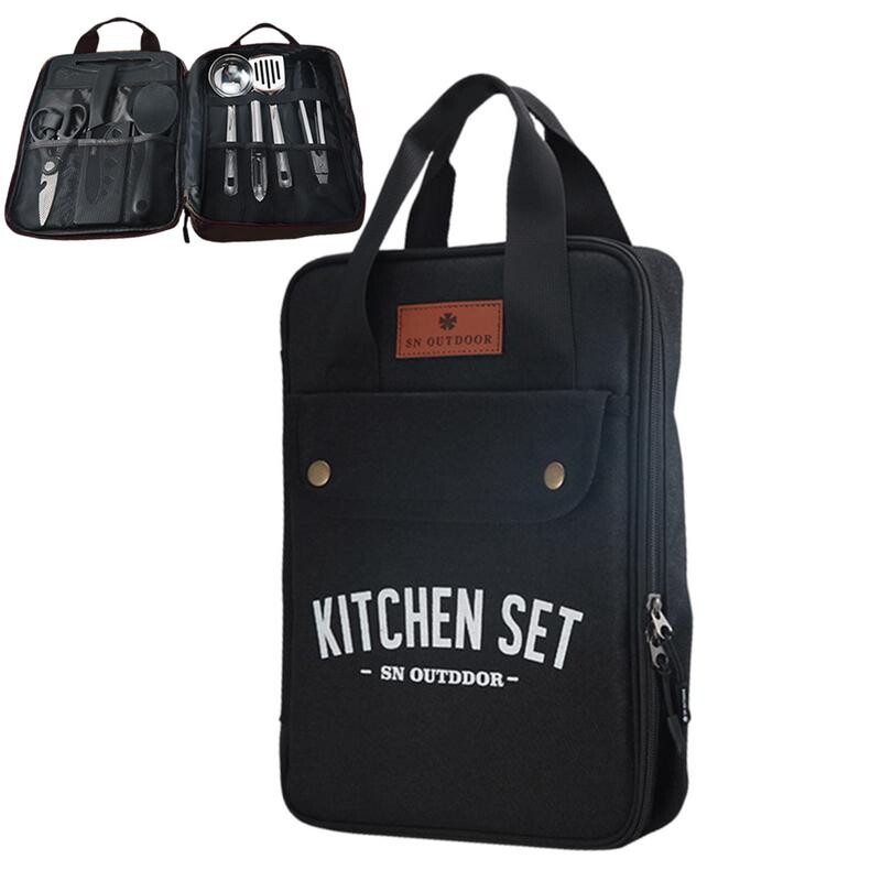 Kempingo virtuvės komplektas 8 vnt. stovyklavimo lauko indų rinkinys nerūdijančio plieno stovyklavimo įrankių kelioninis rinkinys ir indų laikymo krepšys