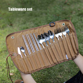 Lauko stalo įrankių laikymo krepšys Daugiafunkcis stalo įrankių rinkinys Laikymo krepšys Nerūdijančio plieno šaukštas lazdelės šakutė vaškuota drobė