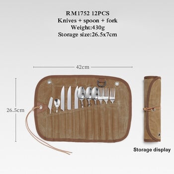 Чанта за съхранение на прибори на открито Комплект прибори за многократна употреба Чанта за съхранение Лъжица от неръждаема стомана Пръчици за хранене Вилица Восъчено платно