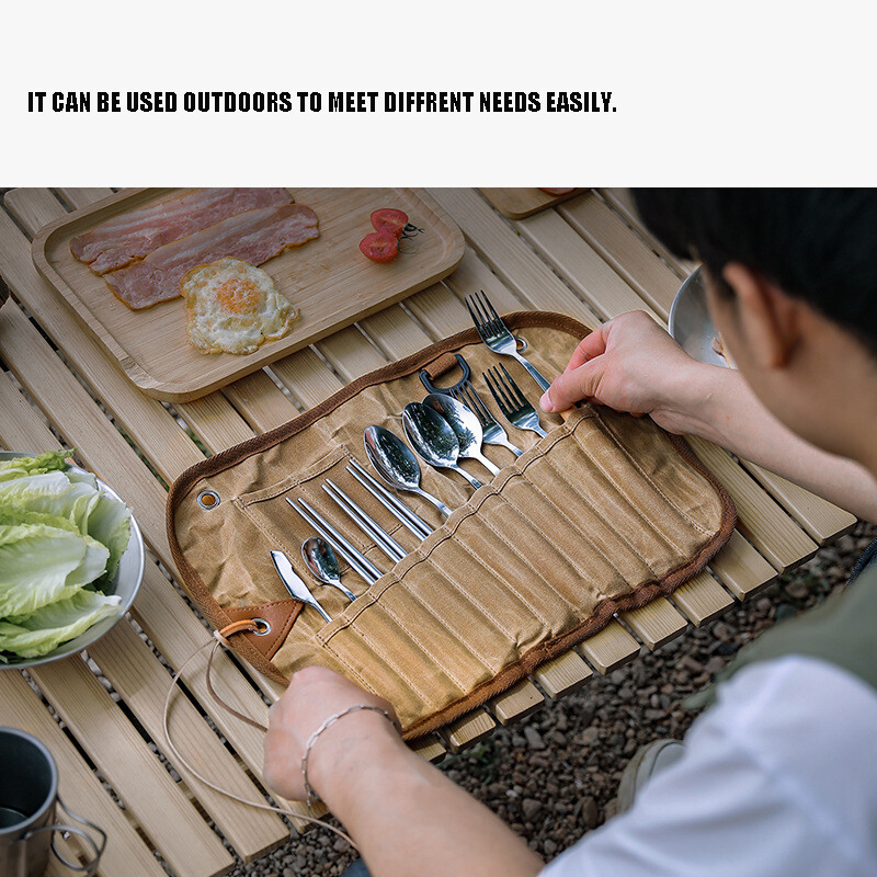 Lauko stalo įrankių laikymo krepšys Daugiafunkcis stalo įrankių rinkinys Laikymo krepšys Nerūdijančio plieno šaukštas lazdelės šakutė vaškuota drobė