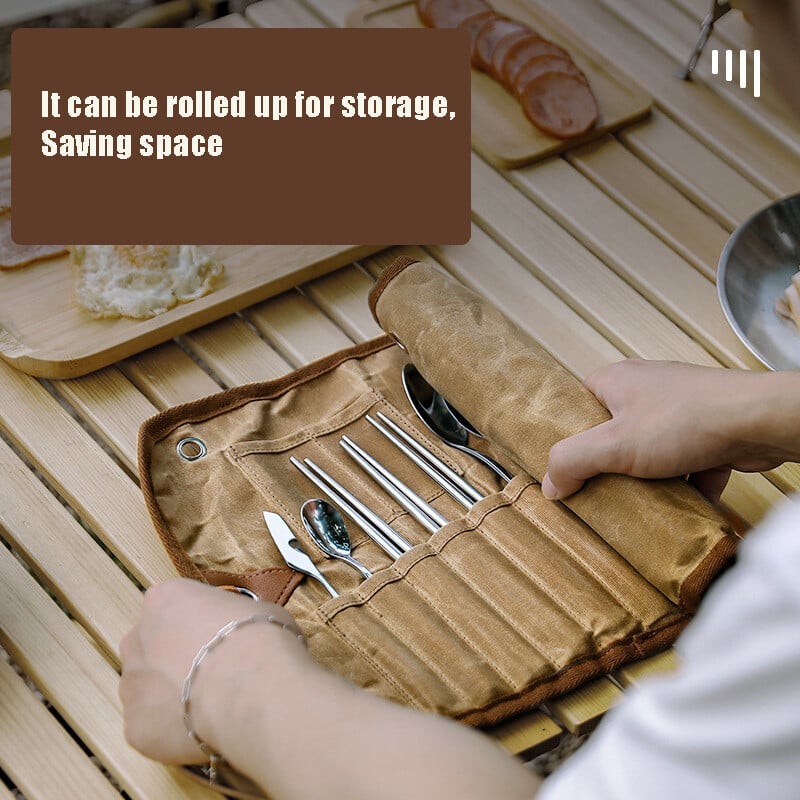 Lauko stalo įrankių laikymo krepšys Daugiafunkcis stalo įrankių rinkinys Laikymo krepšys Nerūdijančio plieno šaukštas lazdelės šakutė vaškuota drobė
