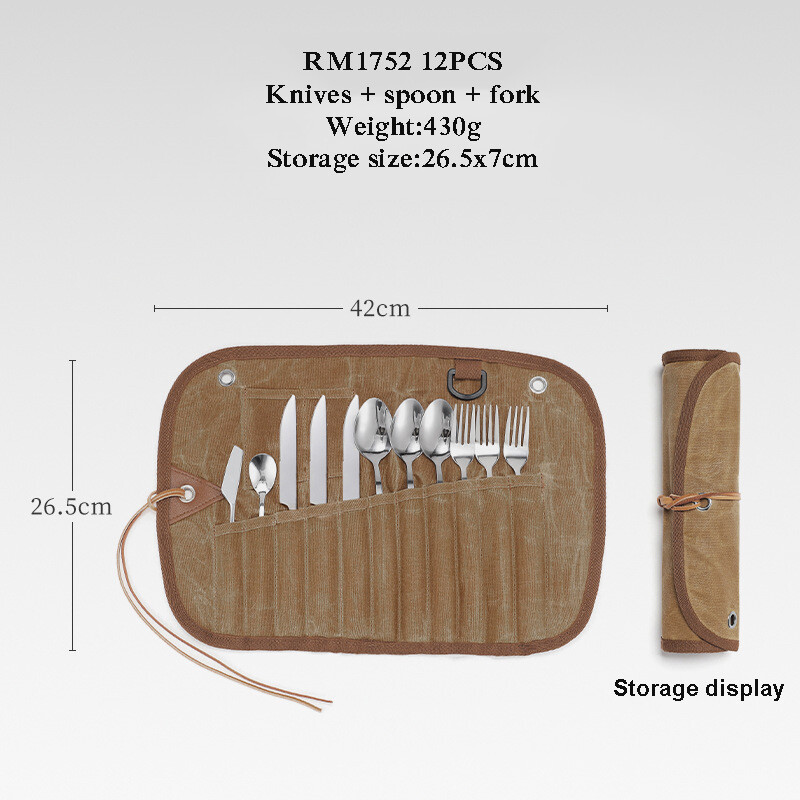 Lauko stalo įrankių laikymo krepšys Daugiafunkcis stalo įrankių rinkinys Laikymo krepšys Nerūdijančio plieno šaukštas lazdelės šakutė vaškuota drobė