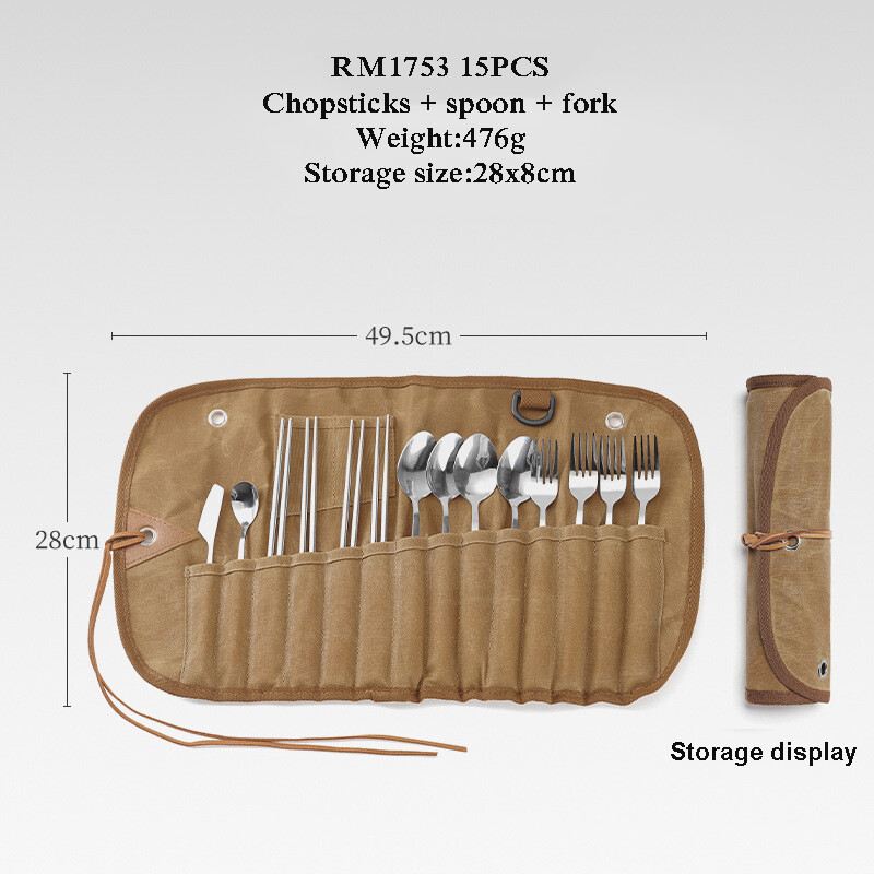 Lauko stalo įrankių laikymo krepšys Daugiafunkcis stalo įrankių rinkinys Laikymo krepšys Nerūdijančio plieno šaukštas lazdelės šakutė vaškuota drobė