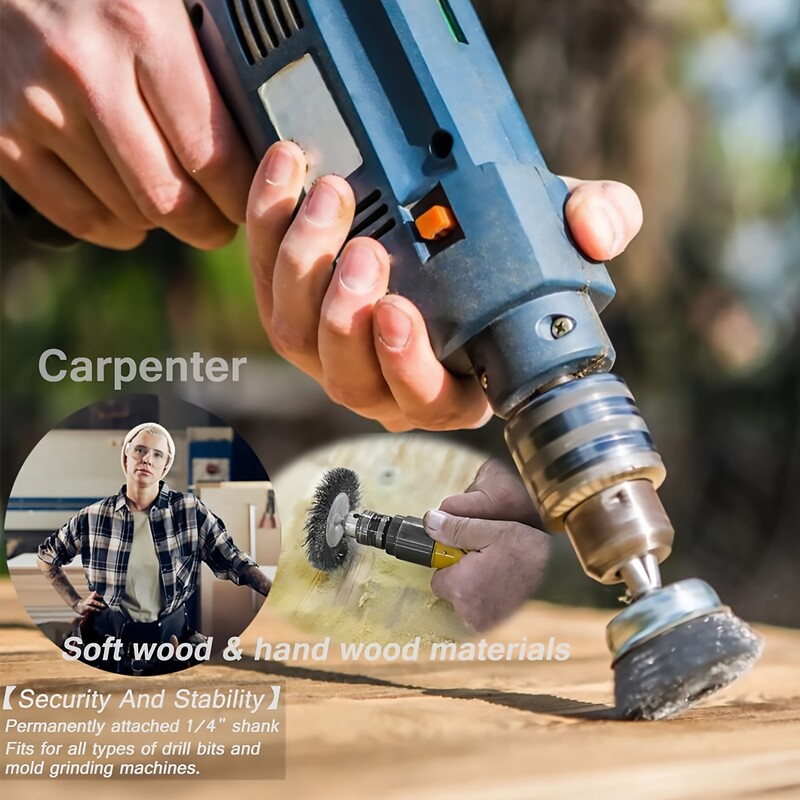 Vielinio šepečio rato taurelių šepečių rinkinys 10 pakuotės, vielinis šepetys grąžtui, 1/4 colio šešiakampis kotas, 0,012 colio šiurkščiavilnių anglies plieno gofruotas vielos ratas