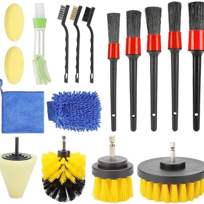 17 τμχ Σετ βούρτσας καθαρισμού τρυπανιού λεπτομερειών αυτοκινήτου, εργαλείο εσωτερικού πλυσίματος αυτοκινήτου, σφουγγάρι κώνου γάντι πλυσίματος πετσετών για γυάλισμα αυτοκινήτου με κερί