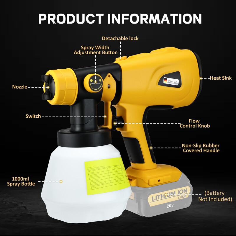 1000 ml belaidis elektrinis purškimo pistoletas bešepetinis dažų purkštuvas automobilių baldų dangos aerozoliui, skirtas Dewalt 20 V baterijai (be baterijos)