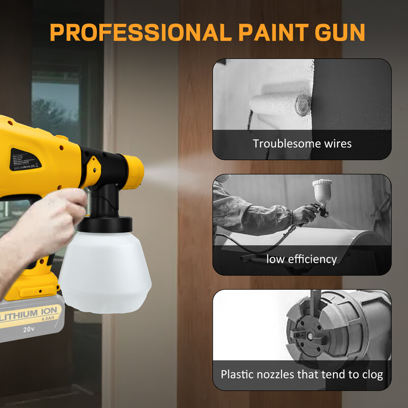 1000 ml belaidis elektrinis purškimo pistoletas bešepetinis dažų purkštuvas automobilių baldų dangos aerozoliui, skirtas Dewalt 20 V baterijai (be baterijos)