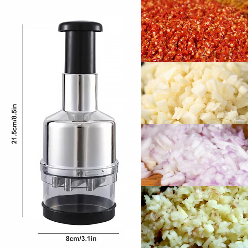 Pressitud küüslauguhakkija roostevabast terasest käeshoitav multifunktsionaalne hakklihamasin puuviljalõikuri kaanega köögiviljade küüslaugu jaoks