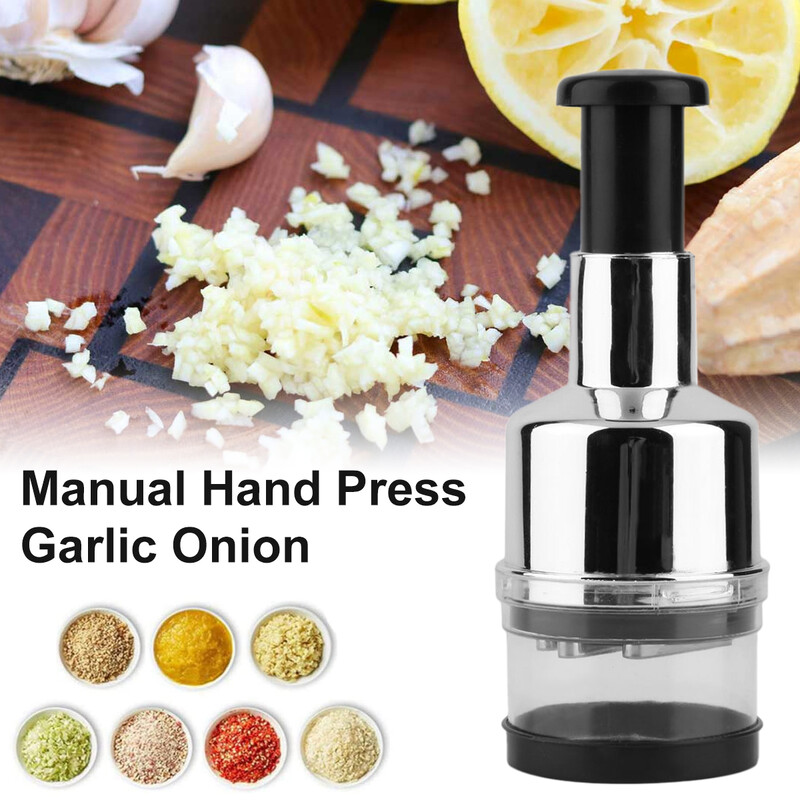Pressitud küüslauguhakkija roostevabast terasest käeshoitav multifunktsionaalne hakklihamasin puuviljalõikuri kaanega köögiviljade küüslaugu jaoks